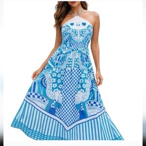 CELINA MOON Vibrant Blue Geometric Maxi Dress